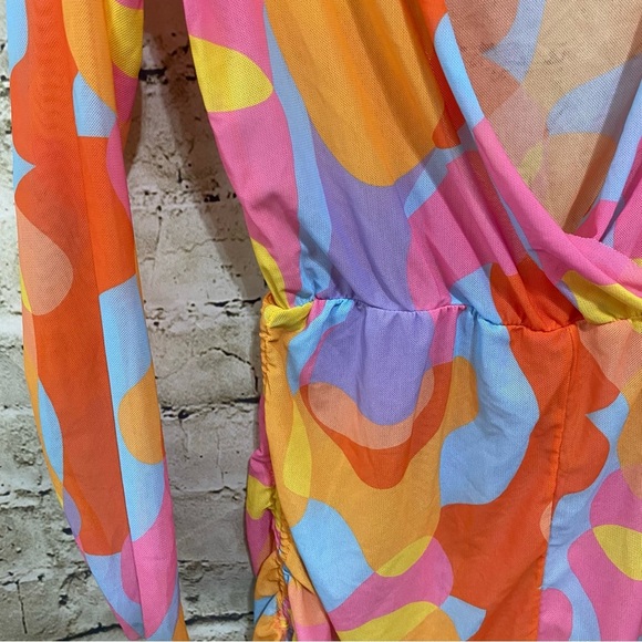 SHEIN Orange Pink Retro Sheer Mesh Swim Coverup Romper - Picture 3 of 6